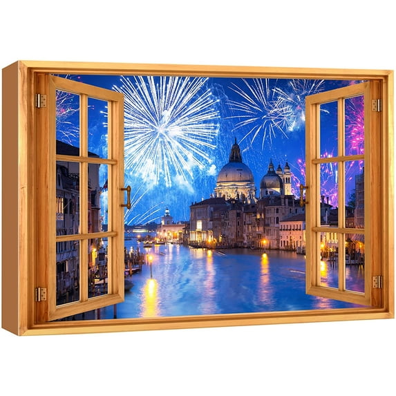 wall26 Canvas Print Wall Art Window View Italian Canal Fireworks Parade Celebrations & Holidays Nature Photography Realism Landscape Colorful Multicolor for Living Room, Bedroom, Office - 16"