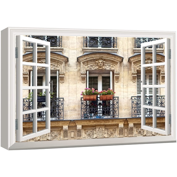 wall26 Canvas Print Wall Art Window View of Italian Style Architecture Nature Cities Photography Realism Rustic Scenic Colorful Relax/Calm Ultra for Living Room, Bedroom, Office - 32"x48"