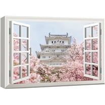 wall26 Canvas Print Wall Art Window View of Japanese Temple & Cherry Blossoms Nature Cities Photography Realism Rustic Scenic Colorful Relax/Calm Ultra for Living Room, Bedroom, Office - 32"