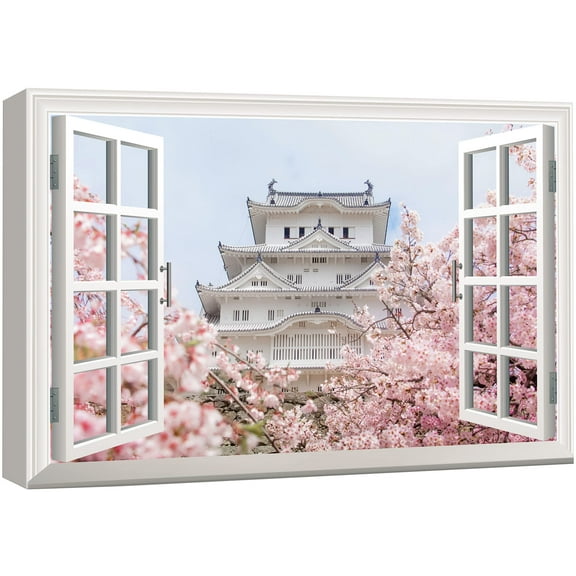 wall26 Canvas Print Wall Art Window View of Japanese Temple &amp; Cherry Blossoms Nature Cities Photography Realism Rustic Scenic Colorful Relax/Calm Ultra for Living Room, Bedroom, Office - 32"