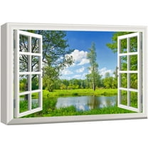wall26 Canvas Print Wall Art Window View of Lake in The Forest Nature Wilderness Photography Realism Rustic Scenic Colorful Relax/Calm Ultra for Living Room, Bedroom, Office - 32"x48"