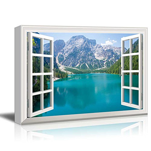wall26 Canvas Print Wall Art Window View Landscape Blue Lake & Forest