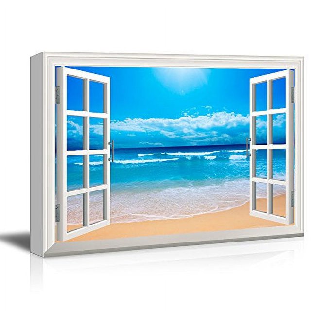 wall26 Canvas Print Wall Art Window View Landscape Bright Blue Beach