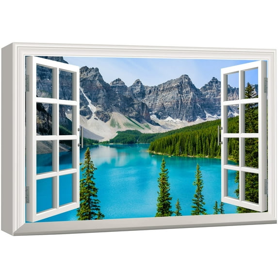 wall26 Canvas Print Wall Art Window View Landscape Bright Blue Lake &amp; Forest Nature Wilderness Photography Modern Art Rustic Scenic Colorful Multicolor for Living Room, Bedroom, Office - 12"