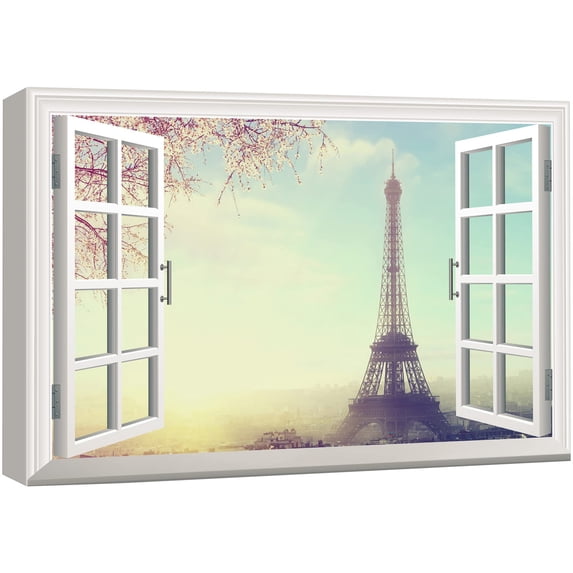 wall26 Canvas Print Wall Art Window View Landscape Eiffel Tower & Cherry Blossoms Nature Wilderness Photography Modern Art Rustic Scenic Colorful Multicolor for Living Room, Bedroom, Office - 32&