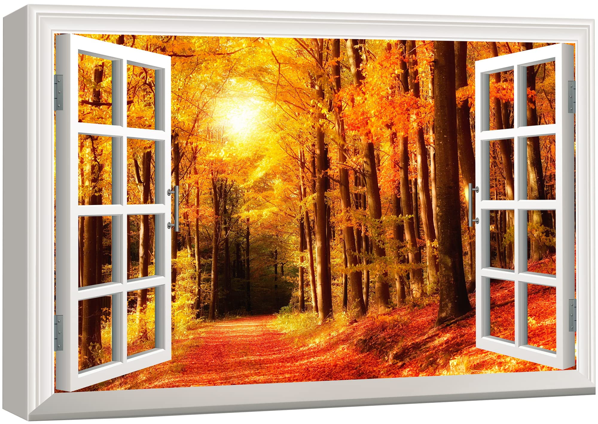 Glowing Red Autumn Forest Landscape Canvas Print with White Frame