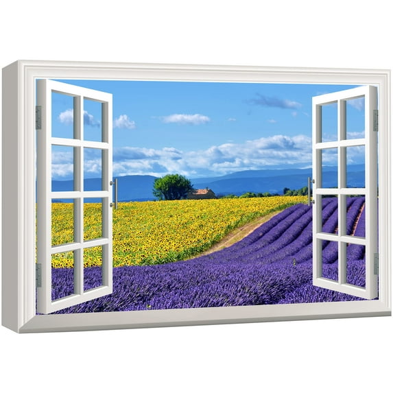 wall26 Canvas Print Wall Art Window View Landscape Purple Lavender Flowers Nature Wilderness Photography Modern Art Rustic Scenic Colorful Multicolor for Living Room, Bedroom, Office - 16"x24&qu