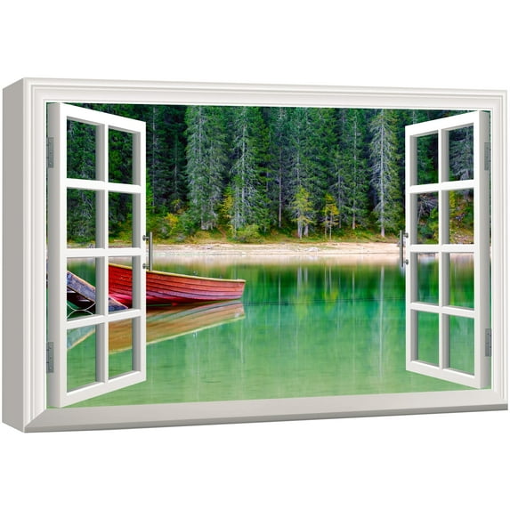 wall26 Canvas Print Wall Art Window View Landscape Red Boat on Forest Lake Nature Wilderness Photography Modern Art Rustic Scenic Colorful Multicolor for Living Room, Bedroom, Office - 32"x48&qu