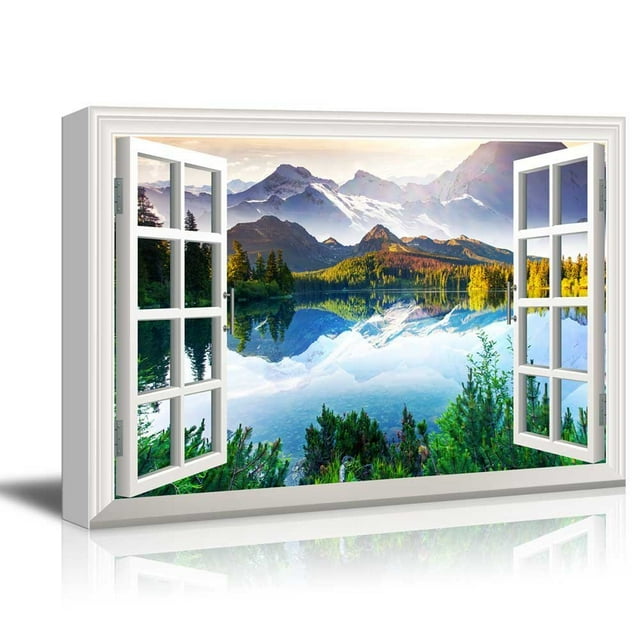 wall26 Canvas Print Wall Art Window View Landscape Serene Mountain Lake