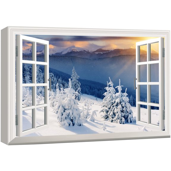 wall26 Canvas Print Wall Art Window View Landscape Snowy Pine Trees Nature Wilderness Photography Modern Art Rustic Scenic Colorful Multicolor for Living Room, Bedroom, Office - 24"x36"