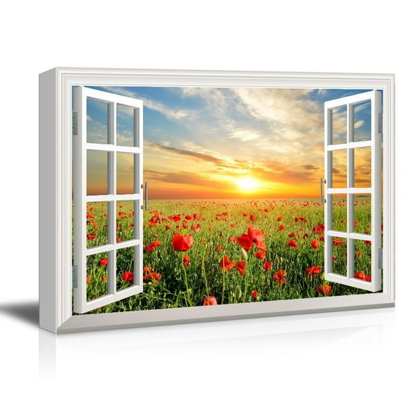 wall26 Canvas Print Wall Art Window View Landscape Sunset Red Poppy Flower Field Nature Wilderness Photography Modern Art Rustic Scenic Colorful Multicolor for Living Room, Bedroom, Office - 24