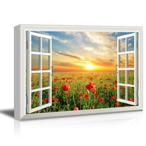 wall26 Canvas Print Wall Art Window View Landscape Sunset Red Poppy Flower Field Nature Wilderness Photography Modern Art Rustic Scenic Colorful Multicolor for Living Room, Bedroom, Office - 24