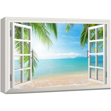 wall26 Canvas Print Wall Art Window View Landscape Tropical Palm Tree Beach Nature Wilderness Photography Modern Art Rustic Scenic Colorful Multicolor for Living Room, Bedroom, Office - 24&quot;x36&q