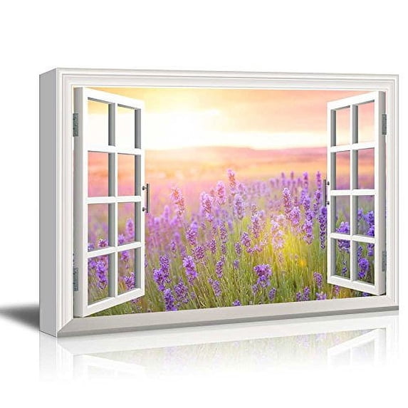 wall26 Canvas Print Wall Art Window View of Lavender Flowers at Sunset Nature Wilderness Photography Realism Rustic Scenic Colorful Relax/Calm Ultra for Living Room, Bedroom, Office - 12"x18&quo