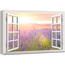 wall26 Canvas Print Wall Art Window View of Lavender Flowers at Sunset Nature Wilderness Photography Realism Rustic Scenic Colorful Relax/Calm Ultra for Living Room, Bedroom, Office - 24"x36&quo