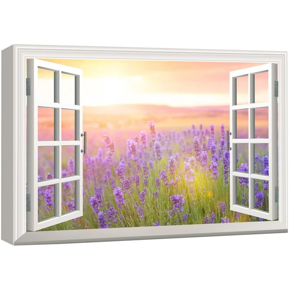 wall26 Canvas Print Wall Art Window View of Lavender Flowers at Sunset Nature Wilderness Photography Realism Rustic Scenic Colorful Relax/Calm Ultra for Living Room, Bedroom, Office - 32"x48&quo