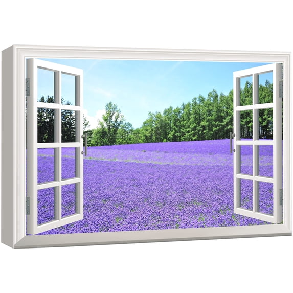 wall26 Canvas Print Wall Art Window View of Lavender Flowers and Trees Nature Wilderness Photography Realism Rustic Scenic Colorful Relax/Calm Ultra for Living Room, Bedroom, Office - 16"x24&quo