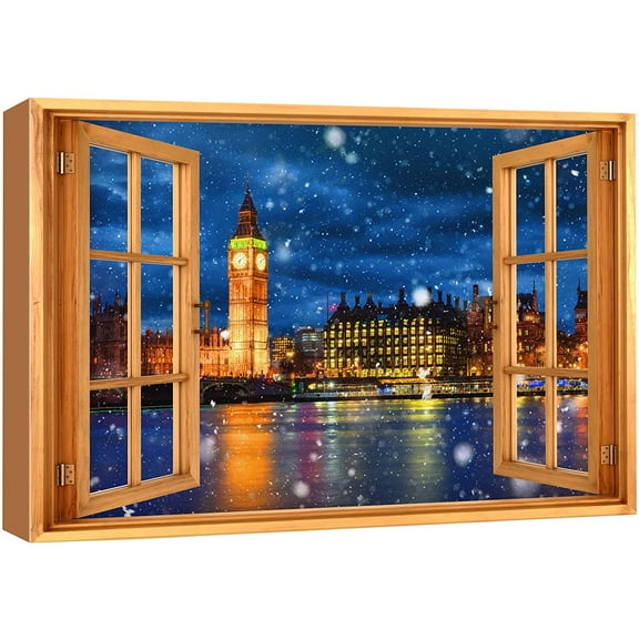 wall26 Canvas Print Wall Art Window View London England Winter Wonderland Celebrations &amp; Holidays Nature Photography Realism Landscape Colorful Multicolor for Living Room, Bedroom, Office - 12&qu