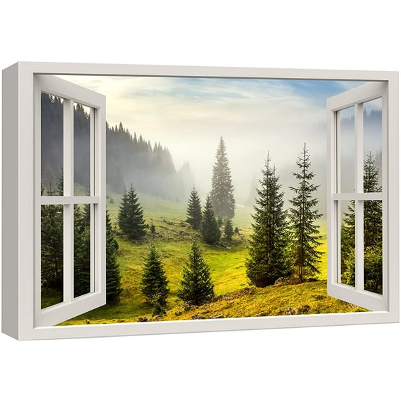 wall26 Canvas Print Wall Art Window View Misty Foggy Pine Tree Mountain Range Wilderness Nature Photography Realism Scenic Landscape Colorful Multicolor for Living Room, Bedroom, Office - 16"x24