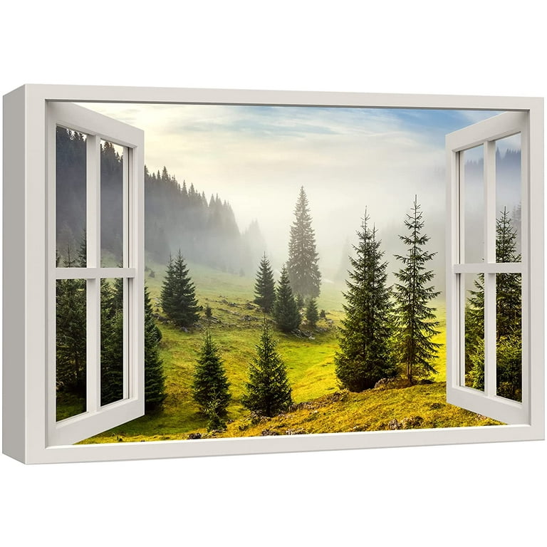 経典 Print Canvas wall26 Wall Pine Foggy Misty View Window Art 絵画
