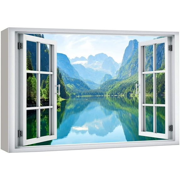 wall26 Canvas Print Wall Art Window View Mountain Range Forest Lake Reflection Wilderness Nature Photography Realism Scenic Landscape Colorful Multicolor for Living Room, Bedroom, Office - 32x48