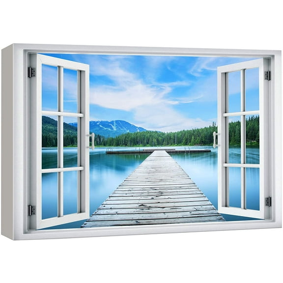 wall26 Canvas Print Wall Art Window View Mountain Range Forest Tree Lake Pier Wilderness Nature Photography Realism Scenic Landscape Colorful Multicolor for Living Room, Bedroom, Office - 12x18