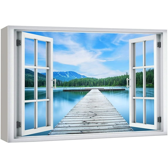 wall26 Canvas Print Wall Art Window View Mountain Range Forest Tree Lake Pier Wilderness Nature Photography Realism Scenic Landscape Colorful Multicolor for Living Room, Bedroom, Office - 32x48