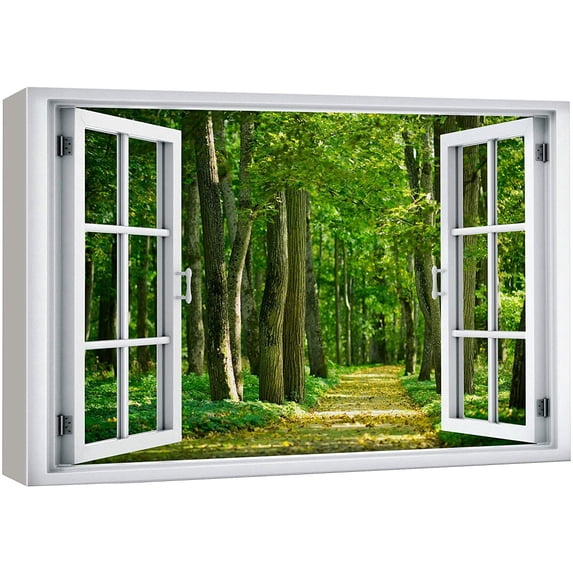wall26 Canvas Print Wall Art Window View Neon Green Springtime Forest Path Trail Wilderness Nature Photography Realism Scenic Landscape Colorful Multicolor for Living Room, Bedroom, Office - 12"