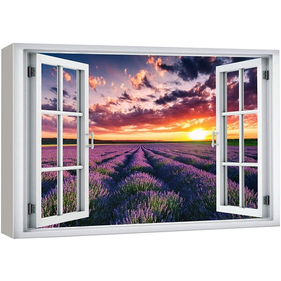 wall26 Canvas Print Wall Art Window View Neon Sunset Lavender Flower Country Farm Wilderness Nature Photography Realism Scenic Landscape Multicolor for Living Room, Bedroom, Office - 12&quot;x18&quot