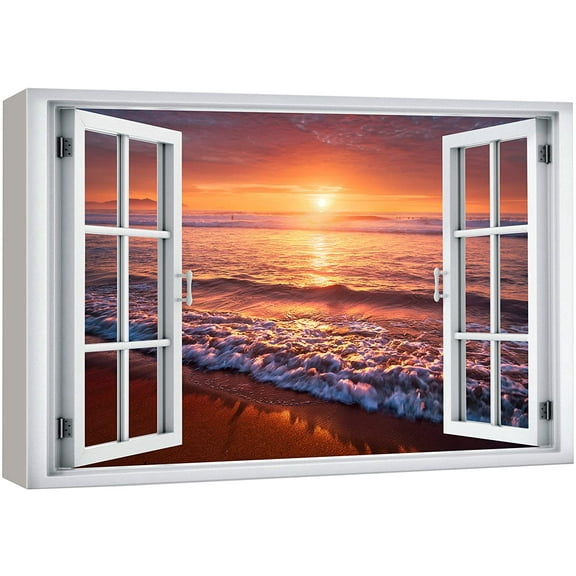 wall26 Canvas Print Wall Art Window View Neon Sunset Ocean Beach Tropical Island Wilderness Nature Photography Realism Scenic Landscape Colorful Multicolor for Living Room, Bedroom, Office - 32"