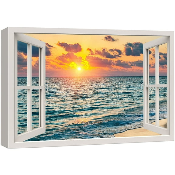 wall26 Canvas Print Wall Art Window View Neon Sunset Sky Tropical Island Ocean Wilderness Nature Photography Realism Scenic Landscape Colorful Multicolor for Living Room, Bedroom, Office - 16"x2