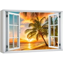 wall26 Canvas Print Wall Art Window View Neon Sunset Sky Tropical Palm Tree Beach Wilderness Nature Photography Realism Scenic Landscape Colorful Multicolor for Living Room, Bedroom, Office - 16&quot