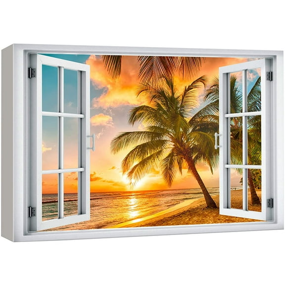 wall26 Canvas Print Wall Art Window View Neon Sunset Sky Tropical Palm Tree Beach Wilderness Nature Photography Realism Scenic Landscape Colorful Multicolor for Living Room, Bedroom, Office - 16&quot