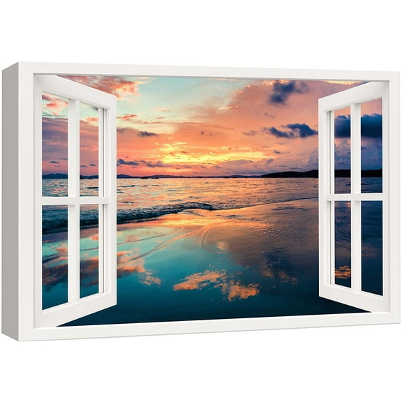wall26 Canvas Print Wall Art Window View Neon Tropical Sunset Cloud Sky Ocean Wilderness Nature Photography Realism Scenic Landscape Colorful Multicolor for Living Room, Bedroom, Office - 12&quot;x18