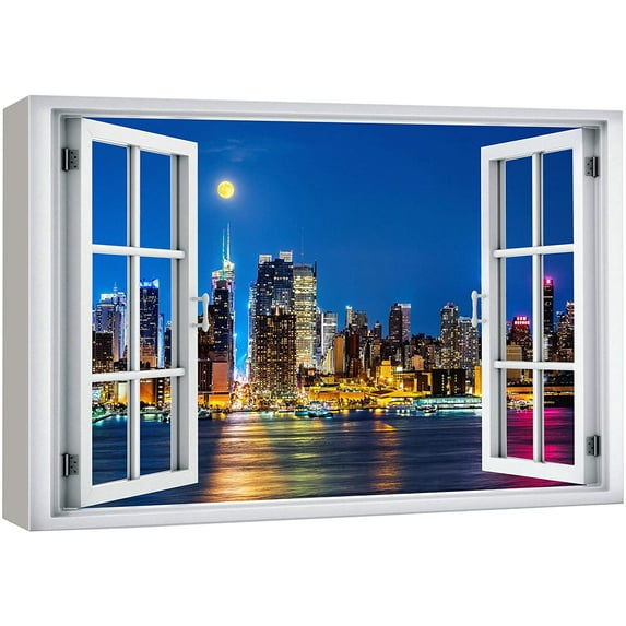 wall26 Canvas Print Wall Art Window View New York City Bay Neon Night Cityscape Wilderness Nature Photography Realism Scenic Landscape Colorful Multicolor for Living Room, Bedroom, Office - 12"x