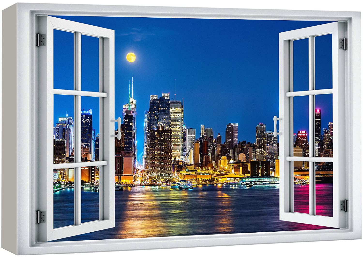 wall26 Canvas Print Wall Art Window View New York City Bay Neon Night