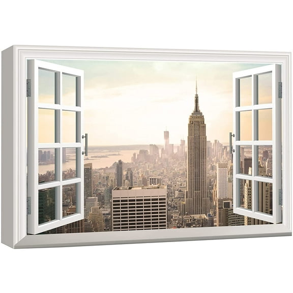 wall26 Canvas Print Wall Art Window View of New York City at Dawn Nature Wilderness Photography Realism Rustic Landscape Colorful Vibrant for Living Room, Bedroom, Office - 12"x18"