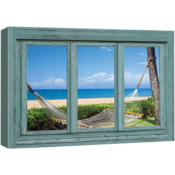 wall26 Canvas Print Wall Art Window View Ocean Front Beach Hammock Nature Wilderness Photography Modern Art Rustic Scenic Colorful Ultra for Living Room, Bedroom, Office - 32"x48"