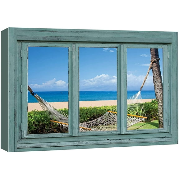 wall26 Canvas Print Wall Art Window View Ocean Front Beach Hammock Nature Wilderness Photography Modern Art Rustic Scenic Colorful Ultra for Living Room, Bedroom, Office - 12&quot;x18&quot;