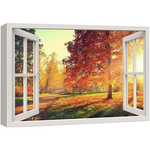 wall26 Canvas Print Wall Art Window View Orange Autumn Fall Forest Tree Park Wilderness Nature Photography Realism Scenic Landscape Colorful Multicolor for Living Room, Bedroom, Office - 16"x24&