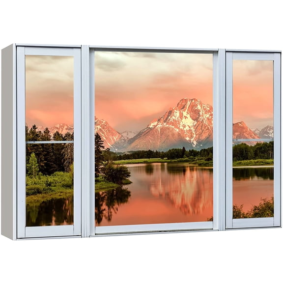 wall26 Canvas Print Wall Art Window View Orange Sunset Mountain Lake Forest Wilderness Nature Photography Realism Scenic Landscape Colorful Multicolor for Living Room, Bedroom, Office - 12"x18&q