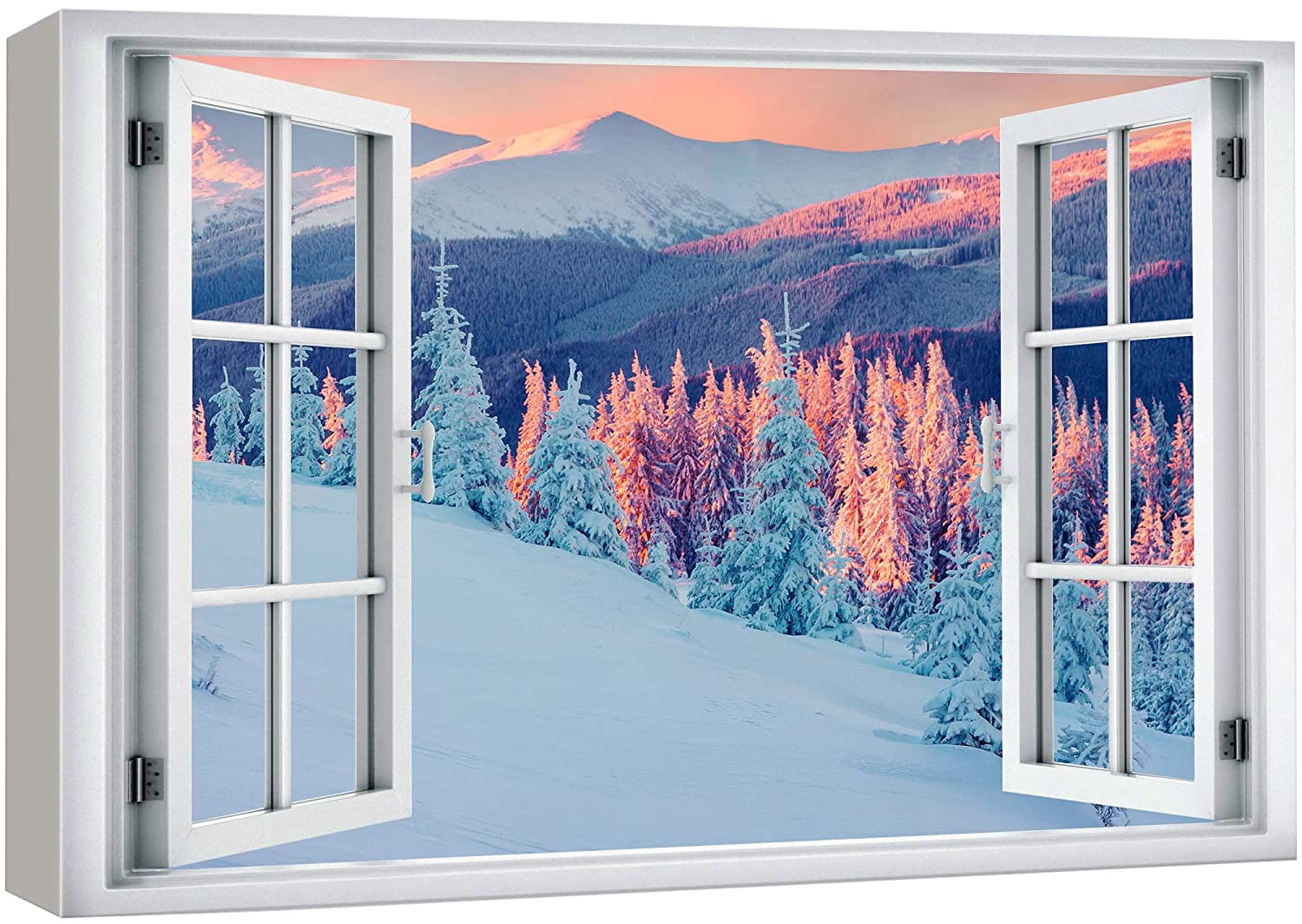 wall26 Canvas Print Wall Art Window View Pastel Pink Blue Winter Pine ...
