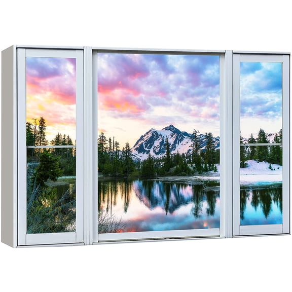 wall26 Canvas Print Wall Art Window View Pastel Sky Mountain Range Forest Lake Wilderness Nature Photography Realism Scenic Landscape Colorful Multicolor for Living Room, Bedroom, Office - 16"x2