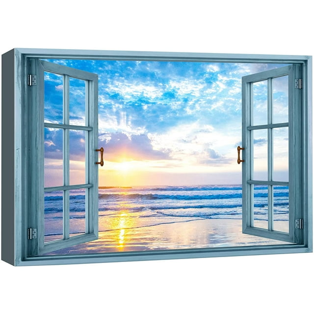 wall26 Canvas Print Wall Art Window View Pastel Sunset Blue Ocean Beach Horizon Wilderness Nature Photography Realism Scenic Landscape Colorful Multicolor for Living Room, Bedroom, Office - 32&quot;x