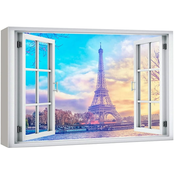 wall26 Canvas Print Wall Art Window View Pastel Sunset Eiffel Tower Paris France Wilderness Nature Photography Realism Scenic Landscape Colorful Multicolor for Living Room, Bedroom, Office - 24"