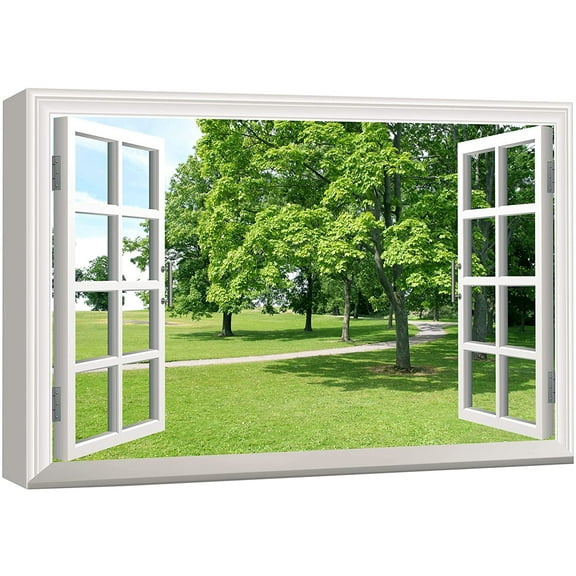 wall26 Canvas Print Wall Art Window View to Path in The Green Forest Nature Wilderness Photography Realism Rustic Landscape Colorful Multicolor Ultra for Living Room, Bedroom, Office - 32"x48&qu