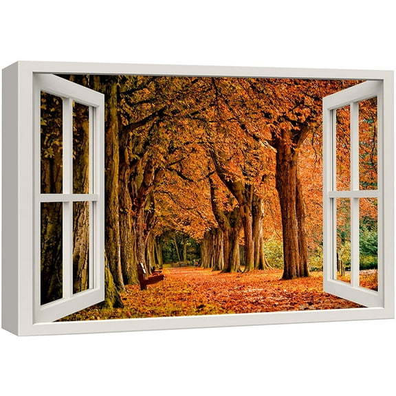 wall26 Canvas Print Wall Art Window View Path Through Orange Leaf Autumn Forest Wilderness Nature Photography Realism Scenic Landscape Colorful Multicolor for Living Room, Bedroom, Office - 12"x