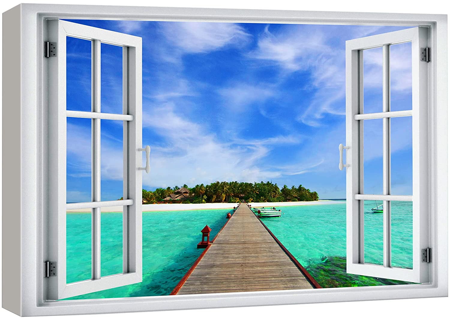 wall26 Canvas Print Wall Art Window View Pier to Tropical Island