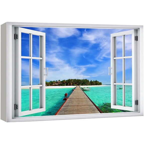 wall26 Canvas Print Wall Art Window View Pier to Tropical Island Vacation Getaway Wilderness Nature Photography Realism Scenic Landscape Colorful Multicolor for Living Room, Bedroom, Office - 12"