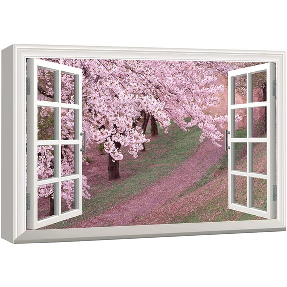 wall26 Canvas Print Wall Art Window View Pink Cherry Blossom Field Nature Wilderness Photography Modern Art Rustic Scenic Colorful Ultra for Living Room, Bedroom, Office - 12"x18"